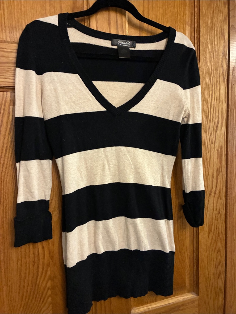 Black & Cream Striped V-Neck Sweater